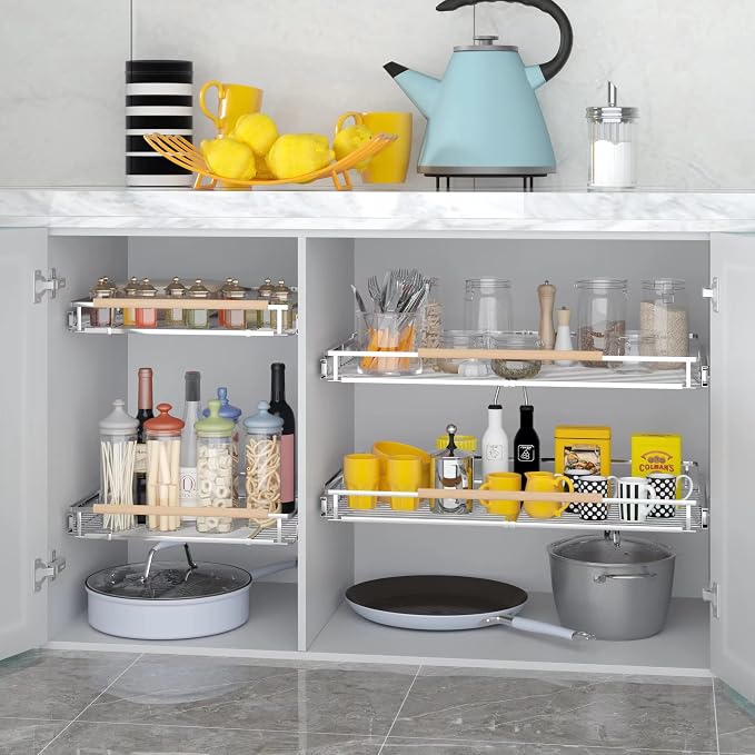 Pull Out Cabinet Organizer, 23~39.8" W x 22.5" D, 2 Pack | Expandable Pull Out Shelves for Kitchen Cabinets, Heavy Duty Stainless Steel Slide Out Pantry Shelves Sliding Shelf for Home - Image 5