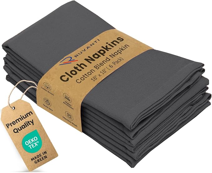 Ruvanti Cloth Napkins Set of 6, 18x18 Inches Napkins Cloth Washable, Soft, Durable, Absorbent, Cotton Blend. Table Dinner Napkins Cloth for Hotel, Lunch, Restaurant, Wedding Parties - Dark Grey by Ruvanti