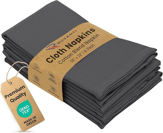 Ruvanti Cloth Napkins Set of 6, 18x18 Inches Napkins Cloth Washable, Soft, Durable, Absorbent, Cotton Blend. Table Dinner Napkins Cloth for Hotel, Lunch, Restaurant, Wedding Parties - Dark Grey by Ruvanti