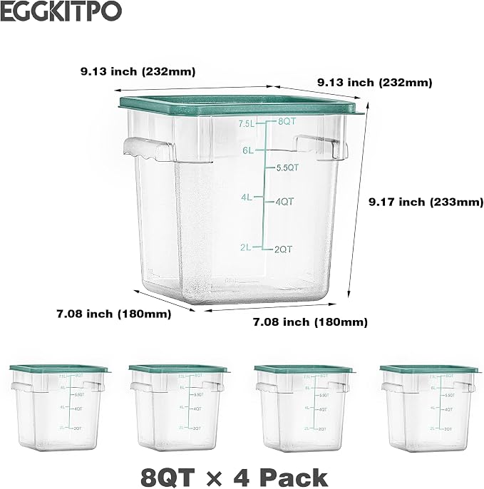 4 Pack 8 QT Food Storage Containers with Green Lids Handle and Scarle Stackable Clear Square Commercial Container Set For Dough Proofing Home Restaurant Kitchen Supply BPA-Free Polycarbonate - Image 4