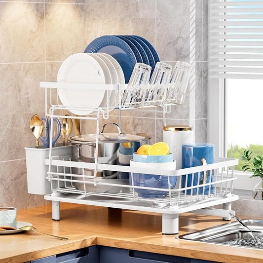 Dish Drying Rack,Stainless Steel-Dish Rack,Double Layer, | Dish Racks for Kitchen Counter, Kitchen Dish Drainers with Removable Utensil Holder,New Drain Outlet, by GAOKASE