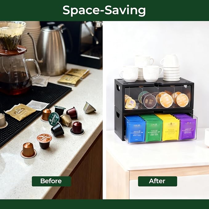 Bamboo Stackable Tea Bag Organizer - 2-Piece Large Capacity Box Set | 2-piece stackable tea box set with large capacity. Eco-friendly bamboo organizers to neatly store tea bags and sugar packets - Image 8