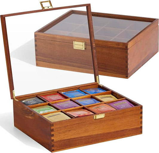 HouseJoy Wood Tea Bag Organizer: 12 Compartments with Clear Glass Lid | Acacia Wood-Large Capacity-Tea Bag Storage Holder for Countertop Kitchen Pantry-Gift For Tea Lover-Keep Tea Bag Fresh by HouseJoy