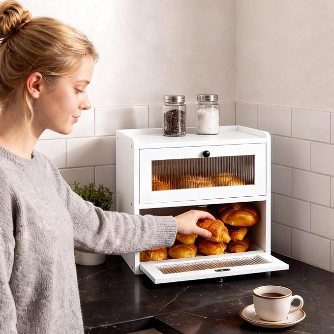 Alpeir Wooden Bread Box for Kitchen Countertop, Large Double Layer, White | Food-Safe Pine Wood, Double-Row Ventilation, Strong Acrylic Window, Raised Top Shelf, Easy Care, Farmhouse Corner Container - Image 2