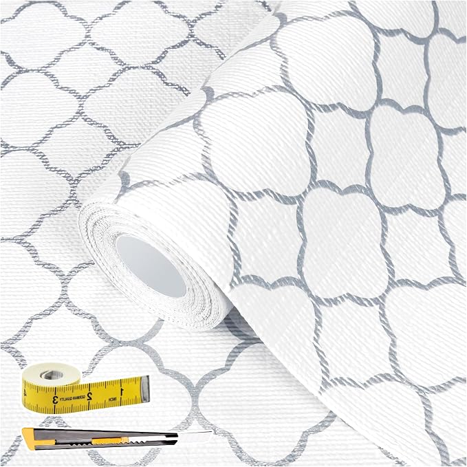 Shelf Drawer Liners for Kitchen Cabinets 23.6 in X 20 Ft Drawer Liner | Non Adhesive Thickened Refrigerator Liner Silver Quatrefoil Strong Non-Slip Paper for Tool Box with Knife and Tape Measure by Kimhan