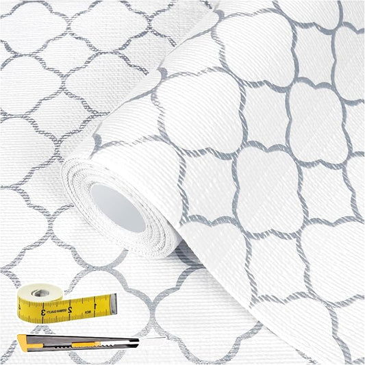 Shelf Drawer Liners for Kitchen Cabinets 23.6 in X 20 Ft Drawer Liner | Non Adhesive Thickened Refrigerator Liner Silver Quatrefoil Strong Non-Slip Paper for Tool Box with Knife and Tape Measure by Kimhan
