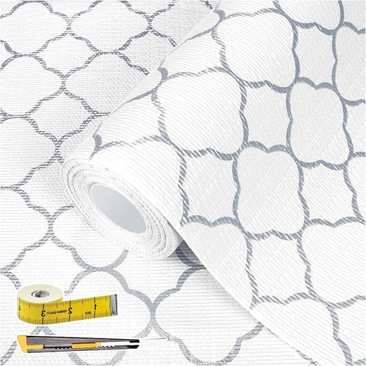 Shelf Drawer Liners for Kitchen Cabinets 23.6 in X 30 Ft Drawer Liner | Non Adhesive Thickened Refrigerator Liner Silver Quatrefoil Strong Non-Slip Paper for Tool Box with Knife and Tape Measure by Kimhan