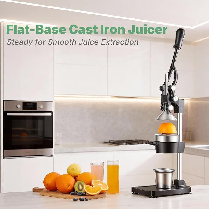 Cast Iron Manual Juicer For Orange Lemon Lime Pomegranate &Citrus | Heavy-Duty Hand Press Juicer, Orange Squeezer, 17"Tall, Sturdy Flat Base & Stainless Steel Cup, Easy to Clean, Black - Image 2