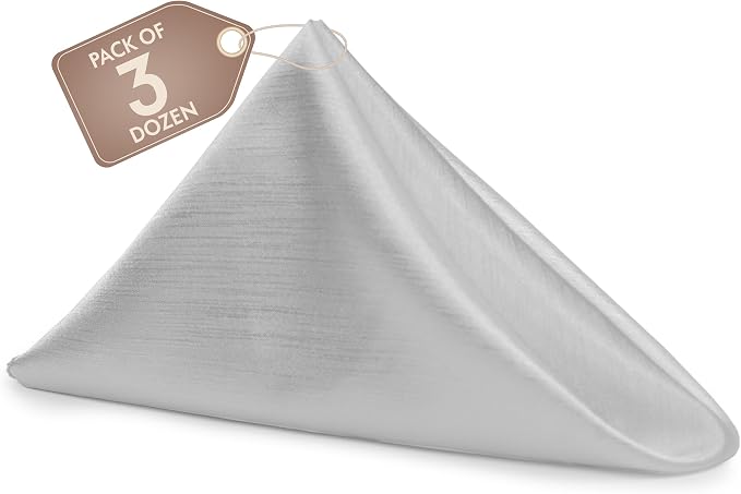 17x17-Inch Shantung Satin Cloth Napkins, Silver, Set of 36 | Bulk Case of 3 Dozen, Square, 100% Polyester Fabric, Reversible, Faux Dupioni Silk Reverse Side, Machine Washable by UltimateTextile