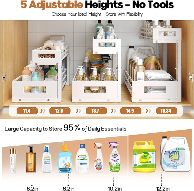 2-Pack 17"Deep Under Sink Organizer And Storage, 2-Tier L-Shaped Pull Out Cabinet Organizer with Upgraded Slide Rails, Height Adjustable Drawers for Kitchen&Bathroom, Extra-Large Storage Shelves–White - Image 7