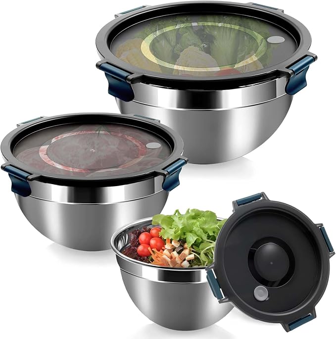 Daily Treasures Mixing Bowls with Airtight Clear Lids Set of 3,Thicker Stainless Steel Mixing Bowl Set,Nesting Bowls for Cooking, Prepping, Baking, Serving & Food Storage, Size 5, 3, 1.5QT by DailyTreasures