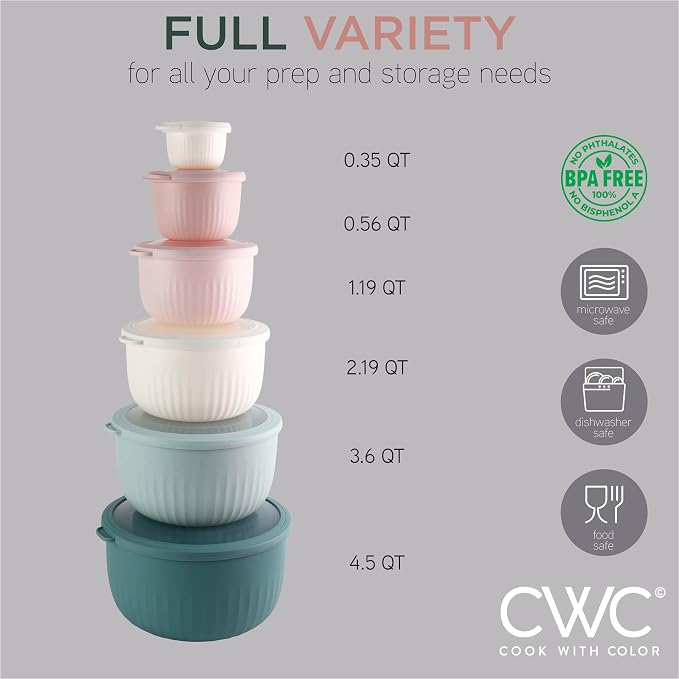 COOK WITH COLOR Prep Bowls with Lids- Wide and Deep Nesting Plastic Small Mixing Bowl Set with Lids, 12 Piece Set - Deep Bowls, Teal and Pink - Image 6