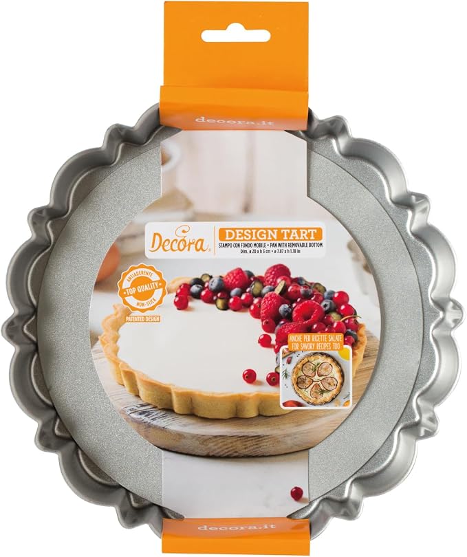 Decora 0075051 Non-Stick Steel Round Design Tart Pan 7.87" Diameter x 1.18" High with Loose Removable Bottom, for Easy Demolding, Professional Design Registered, Patented by DECORA
