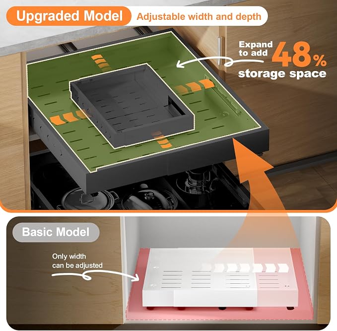 Pull out Cabinet Organizer Expandable W(12"-20") and D(16"-22"), No Drill Adjustable Slide Out Drawers With 3 Slide Rails, 2Pcs Magnetic Panel, Adhesive Roll out Shelves for Kitchen, Cabinets, Pantry - Image 2