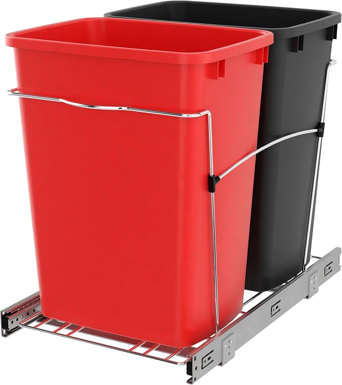 Rev-A-Shelf RV-18KD-1618C-S Double Pullout Trash Can for Kitchen Cabinets 35 Qt Garbage Recycling Bin on Full Extension Slides, Red/Black by Rev-A-Shelf