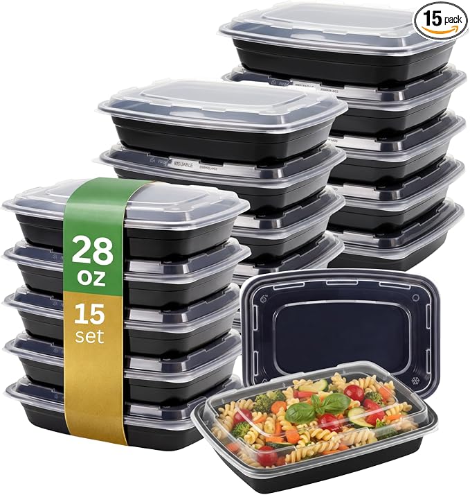 Meal Prep Containers [15 Pack] Rectangular Food Storage Containers with Lids, Bento Box, BPA Free, Stackable, Microwave/Dishwasher/Freezer Safe To Go Food Containers for Meal Prep (28 oz) by ProTakeOut