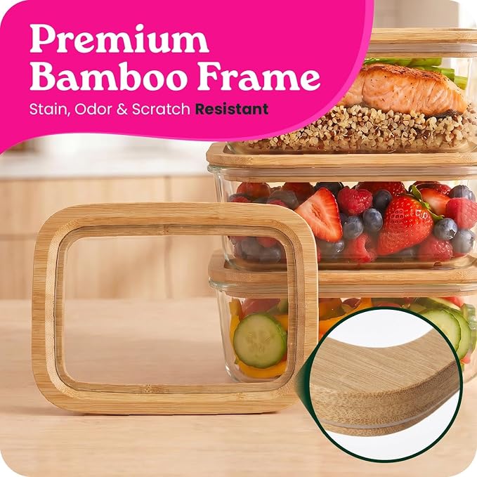 6-Pack Glass Food Storage Containers with Glass Lids & Bamboo Rim – Plastic Free 27 Oz Glass Meal Prep Containers for Lunch, Eco Friendly Airtight Food Storage, Microwave & Oven Safe - Image 4