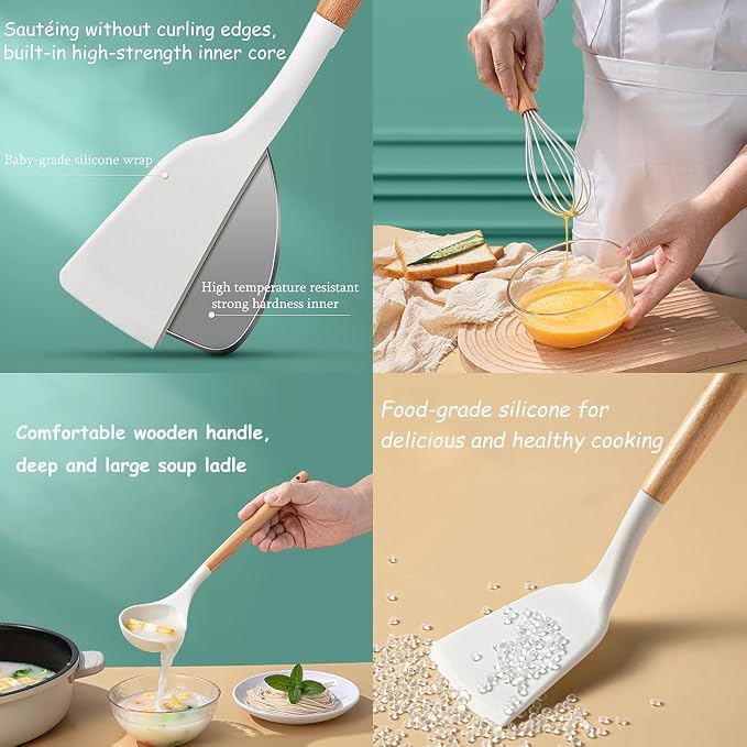 Kitchen Utensils Set,Caliamary 19 PCS Cooking Utensils Set with 360° Rotating Holder,Non-Stick Heat Resistan Kitchen Tools and Gadgets with Anti-slip Handle,Silicone One-Piece Molding (White) - Image 4