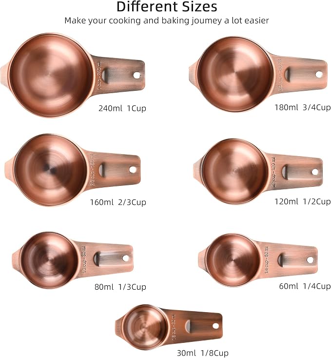 Copper Measuring Cups and Spoons Set 17, 7 Stainless Steel Measuring Cups&9 Long Hanlde Narrow Measuring Spoons for Spice Jar&Leveler, Kitchen Metric&US Measure Cup Spoons for Dry and Liquid - Image 4