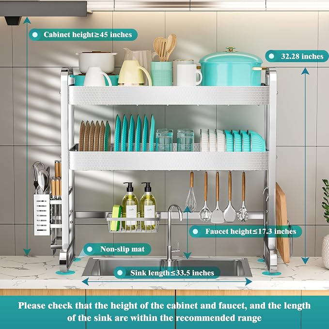 HOWDIA 3-Tier Over The Sink Dish Drying Rack, 304 Stainless Steel | Honeycomb Design, Cutlery Holder & Chopping Board Rack, 33.86” x 11.81” x 33.07” for Maximum Kitchen Storage - Image 2