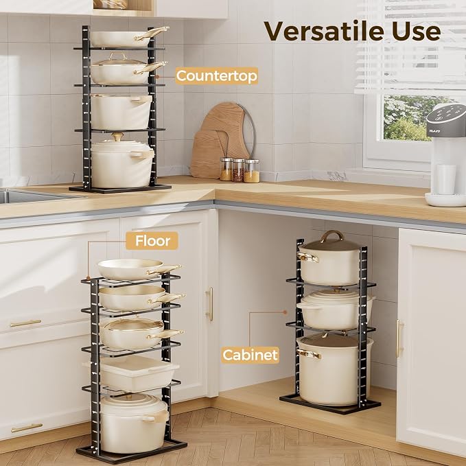 LAMU Pots and Pans Organizer Under Cabinet, 5 -Tier Dual-Pillar Design | Adjustable All-Metal Rack Stores Pots, Pans And Lids in Cabinets, on Countertops or Under Sinks, Holding Up to 55 Lb Black - Image 7