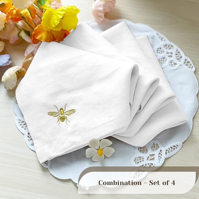 DerF HOME Embroidered Linen Napkins, White, 18x18 Inch, Set of 4 | 100% Pure Linen Cloth Dinner Napkins with Elegant Embroidery, Reusable Washable Table Napkins for Wedding, Party & Home Decor - Image 2