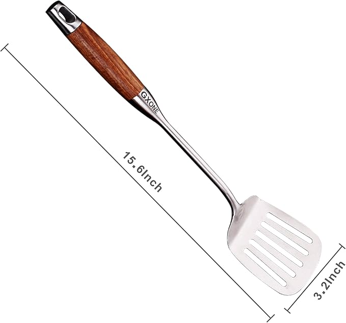 Slotted Turner/Spatula,for Skillet Grilling Cooking,Wooden Handle | 304 Stainless Steel Kitchen Utensil,Metal Spatula,Flipping Food,15.7 Inch - Image 2