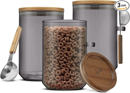 JoyJolt Holden 32oz Stackable Glass Storage Containers with Lids and Scoops, Airtight Food Canister Set of 3 w/Acacia Wood Lids, Round Stacking Pantry and Kitchen Containers w/Scoop | Smoke by JoyJolt