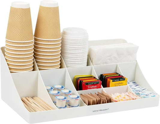 Mind Reader Cup and Condiment Station, Countertop Organizer, Coffee Bar, Kitchen, Stirrers, 17.875"L x 9.5"W x 6.625"H, White by MindReader