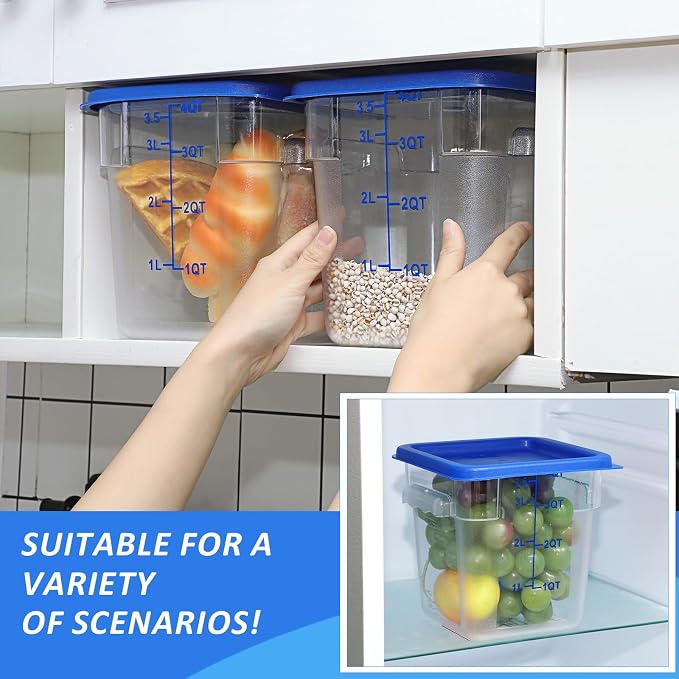 Yungyan 12 Pcs 4 Qt Commercial Food Storage Containers with Lids Restaurant Square Airtight Food Storage Containers Clear Cereal Containers for Kitchen Freezer Dishwasher Pantry(Blue Lid) - Image 7