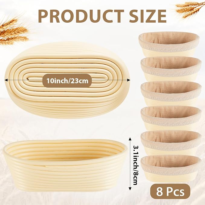 8 Pack Banneton Bread Proofing Basket 10 Inch Oval Rattan Banneton Baskets with Linen Liner Cloth Sourdough Basket Dough Proofing Basket for Professional & Home Sourdough Bread Baking - Image 2