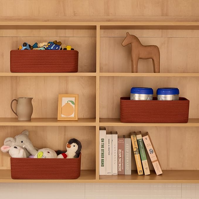 MiniArk Large Shallow Organizing Baskets 15x11x5.1 Inches - Rope Woven Storage Bins for Bathroom, Shelves, Cube Closet, Red 4 Packs - Image 3