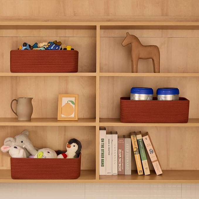MiniArk Large Shallow Organizing Baskets 15x11x5.1 Inches - Rope Woven Storage Bins for Bathroom, Shelves, Cube Closet, Red 3 Packs - Image 3