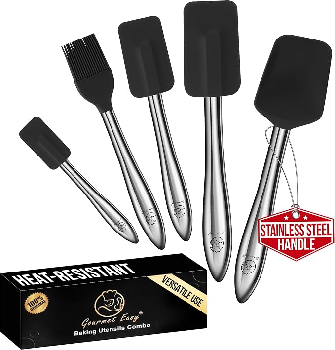 Gourmet Easy 5pcs Silicone Spatula Set with Stainless Steel Handles - Black | Heat-Resistant Silicone Protects Nonstick Cookware, Ergonomic Handles Offer Firm Control, Dishwasher Safe, 5-Year Warranty by GourmetEasy