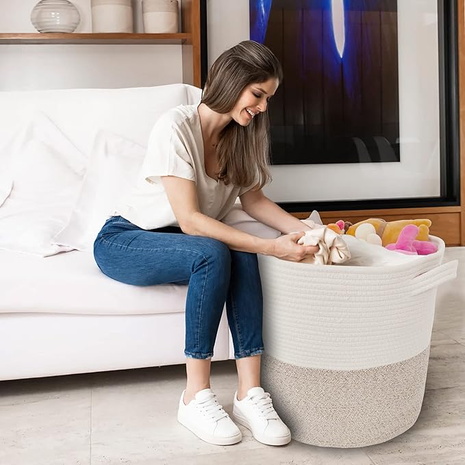 Large Storage Basket with Lid 60L, 16"Wx18"H Woven Laundry Hamper Basket with Handle, Room Decor Cotton Rope Wicker Basket Toy Organizer Bins for Clothes Blankets Pillows, Beige/White Mix includes Lid - Image 4