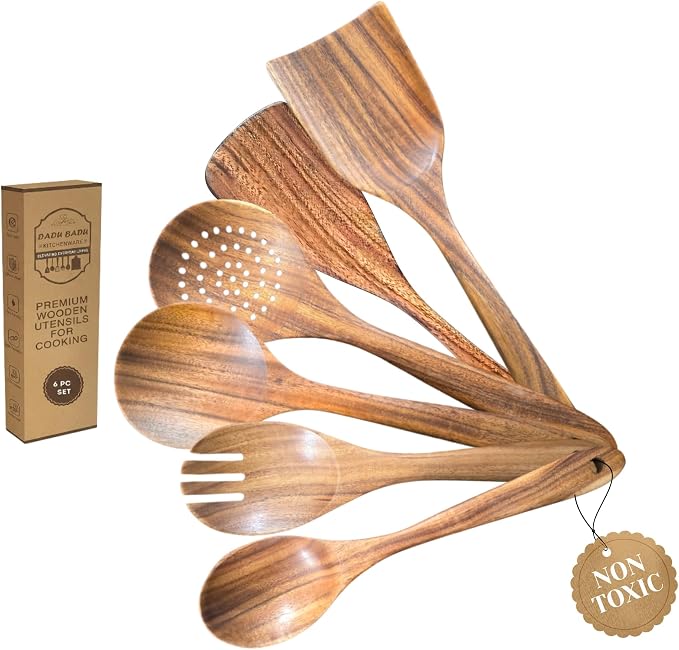 DADU BADU 6 Piece Teak Wood Utensil Set Non Toxic, Handmade Cooking Spoons & Spatulas for Nonstick Cookware Includes Wok Spatula, Skimmer & Salad Set Heat Resistant Kitchen Utensil Gift Set by DADUBADU