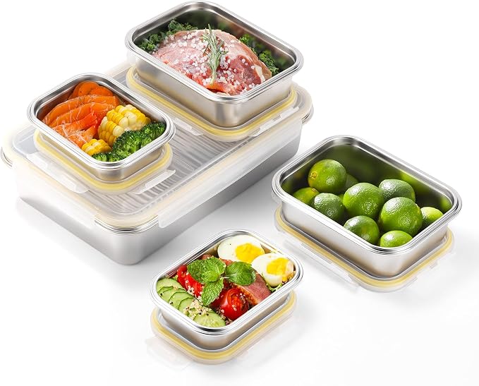18/8 Stainless Steel Food Storage Containers, Meal Preparation Container Set, Baking Pan, Leak Proof Stackable Light and Easy Storage, Metal Set of 5 (2PC 21oz/2PC 43oz/1PC 169oz) - Image 2