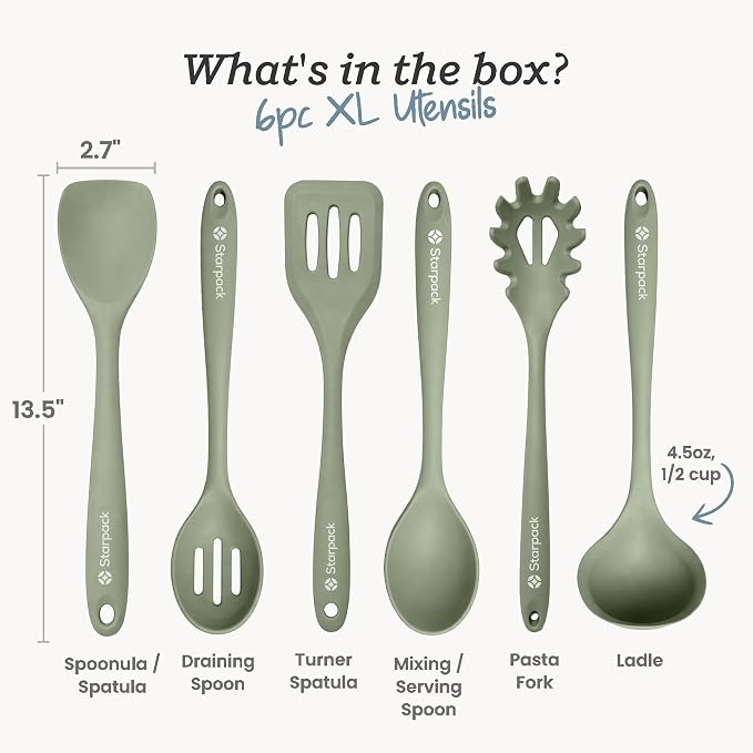Starpack Like a Boss XL Silicone Cooking Utensils Set (6-Piece, 13.5") - LFGB Certified, 600°F Heat Resistant, BPA-Free - Heavy-Duty Steel Core, Dishwasher Safe - for Nonstick Cookware, Sage Green - Image 3