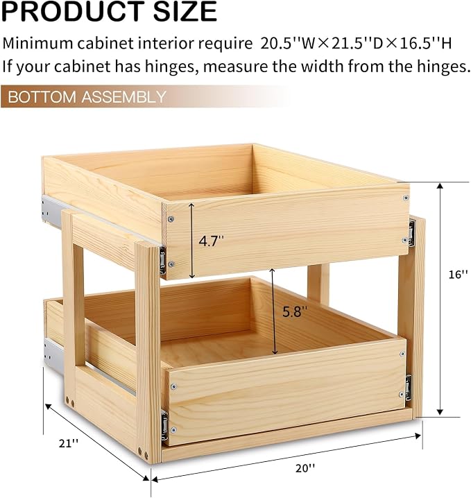 Pull Out Cabinet Organizer 20''W×21''D×16''H Soft Close Slide Out Wood Drawer Shelves for Kitchen, Finished, Bottom Assembly(Cabniet Require Opening >20.5'', Depth>21.5'', Height>16.5'') - Image 3