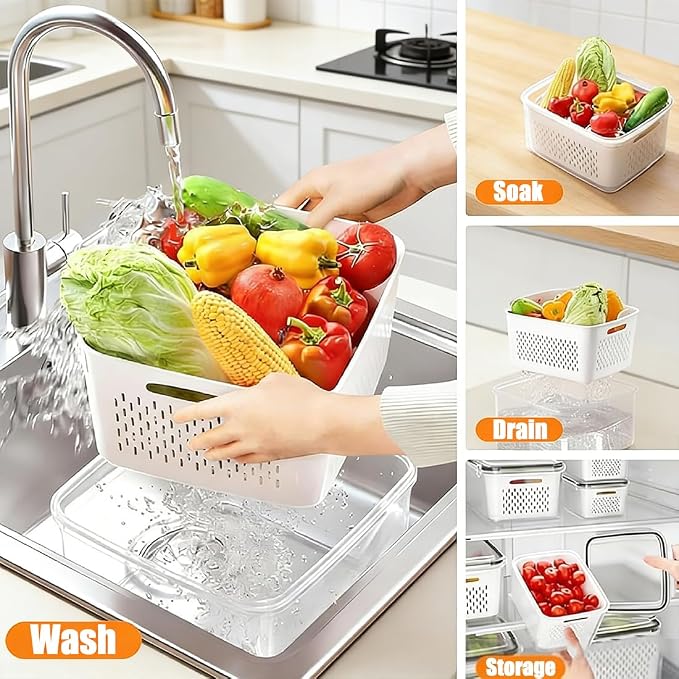 4 In 1 Food Storage Containers, Produce Storage Containers for Fridge, Fruit Storage Containers with Colander, Leakproof Fridge Organizer Bins for Salad Berry Vegetables Meat Keeper Fresh (S+M+L) - Image 5