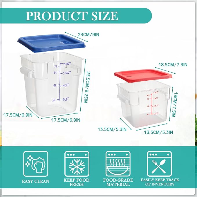 Lallisa 4 Pcs 8qt & 4qt Clear Food Storage Containers with Lids Handles and Scales, Stackable Plastic Square Food Storage Containers for Dough Proofing Baking Kitchen Restaurant(Red, Blue) - Image 2