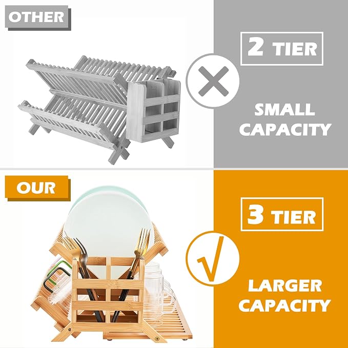 Bamboo Dish Drying Rack, 3 Tier Collapsible Wooden Dish Drainer Rack with Utensil Holder, Plate Rack for Kitchen Counter, Large Folding Drying Holder 51 pcs Grid - Image 2