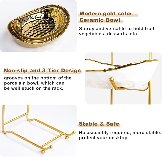 Fruit Bowl for Kitchen Counter, Tiered Fruit Basket for Countertop, 3 Tier Ceramic Fruit Basket with Metal Stand, Fruit Bowl for Fresh Fruit&Veggies (Gold) - Image 4