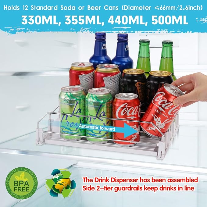 Automatic Soda Can Organizer for Refrigerator Can Dispenser for Beer Soda Seltzer Drink Pop Can Holder Self-Pushing Drink Organizer for Fridge Storage 12 cans of 11.15oz 12oz 16oz 16.9oz - Image 2