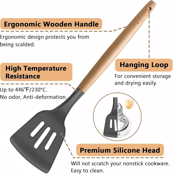 Kitchen Cooking Utensils Set, 6Pcs Silicone Kitchen Utensils Set Spatula Spoon Soup Ladle Turner, Heat Resistant Wooden Handle Silicone Cooking Gadgets for Nonstick Cookware & Baking BPA FREE - Image 2