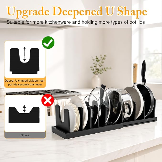 MinBoo Bamboo Expandable Pot Lid Organizer, Pot and Pan Organizer Drawer Organizer for Pot Lids, Adjustable 10 U-Shaped Dividers for Kitchen Cabinet Organizers and Storage,Black - Image 2