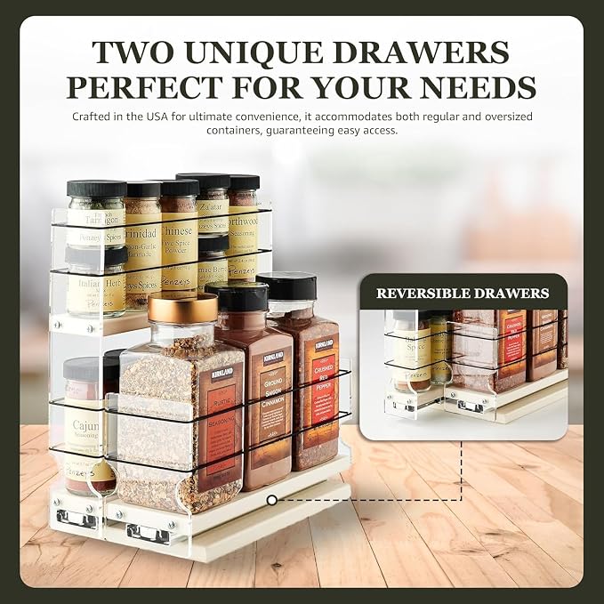 Combo Spice Rack Drawer - Pull Out Pantry Organizers and Storage - Kitchen Cabinet Organizer - Seasoning Sliding Caddy - Made in USA (5.75" W x 10.75" H x 10.60" D, Partially Assembled) - Image 2