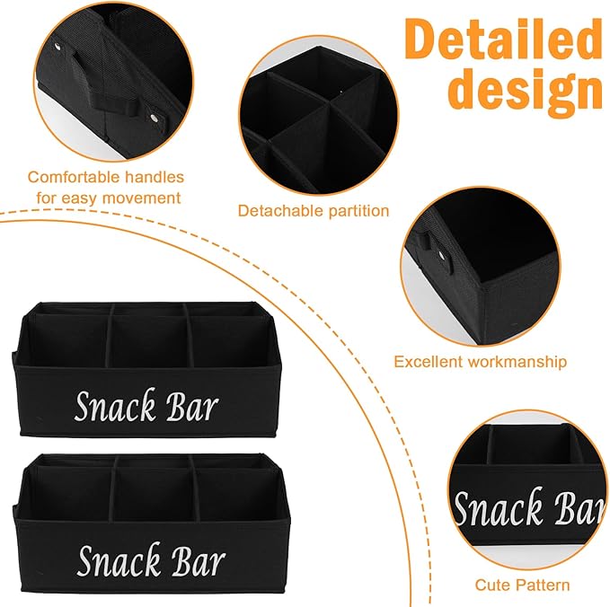 2 Pack Snack Organizer for Countertop With Handles - 6 Compartment Box Basket, Bar Station, Kitchen Cabinet Pantry Storage - Black - Image 2
