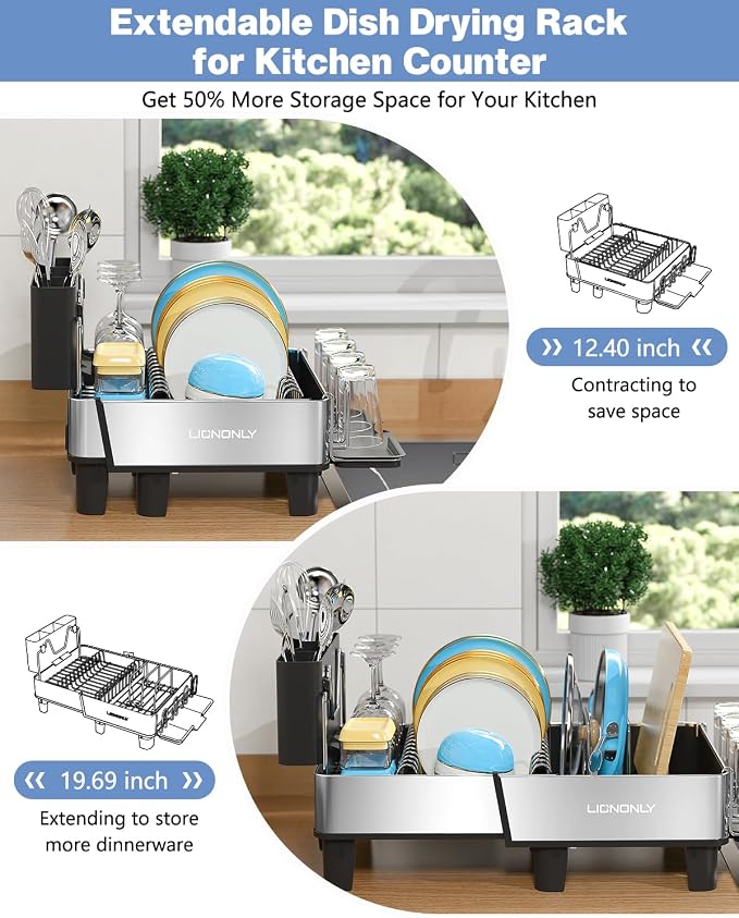 Dish Drying Rack, 304 Stainless Steel Exendable Dish Rack with Adjustable Drain Spout, Large Capacity Dish Drainer with Utensil Holder, Cup Holder and Cutting Board Rack for Kitchen Counter, Black - Image 4