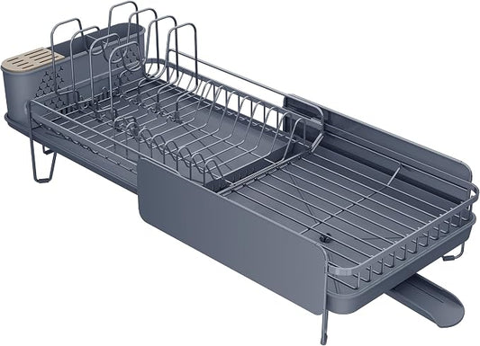 Large Expandable Dish Drying Rack for Kitchen Counter, 19.3-29.4 in, Grey | Family Size Capacity, Adjustable Dividers for Pan, Lid & Cutting Board, Stainless Steel, Rotating Spout, Utensil Holder by SNTD
